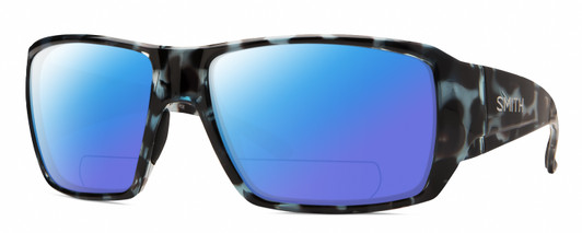 Profile View of Smith Optics Guides Choice S Designer Polarized Reading Sunglasses with Custom Cut Powered Blue Mirror Lenses in Sky Tortoise Havana Blue Black Marble Unisex Rectangle Full Rim Acetate 58 mm