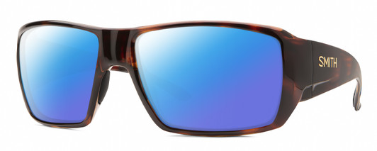 Profile View of Smith Optics Guides Choice S Designer Polarized Sunglasses with Custom Cut Blue Mirror Lenses in Tortoise Havana Brown Gold Unisex Rectangle Full Rim Acetate 58 mm