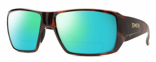 Profile View of Smith Optics Guides Choice S Designer Polarized Reading Sunglasses with Custom Cut Powered Green Mirror Lenses in Tortoise Havana Brown Gold Unisex Rectangle Full Rim Acetate 58 mm