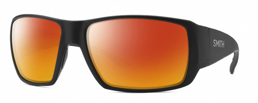 Profile View of Smith Optics Guides Choice XL Designer Polarized Sunglasses with Custom Cut Red Mirror Lenses in Matte Black Unisex Rectangle Full Rim Acetate 63 mm