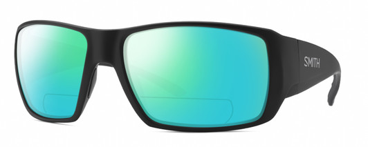 Profile View of Smith Optics Guides Choice XL Designer Polarized Reading Sunglasses with Custom Cut Powered Green Mirror Lenses in Matte Black Unisex Rectangle Full Rim Acetate 63 mm