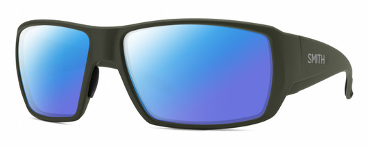 Profile View of Smith Optics Guides Choice XL Designer Polarized Sunglasses with Custom Cut Blue Mirror Lenses in Matte Moss Green Unisex Rectangle Full Rim Acetate 63 mm