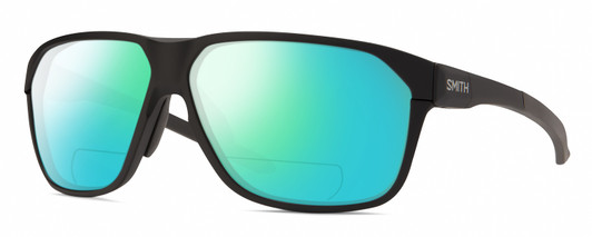 Profile View of Smith Optics Leadout Pivlock Designer Polarized Reading Sunglasses with Custom Cut Powered Green Mirror Lenses in Matte Black Unisex Square Full Rim Acetate 63 mm