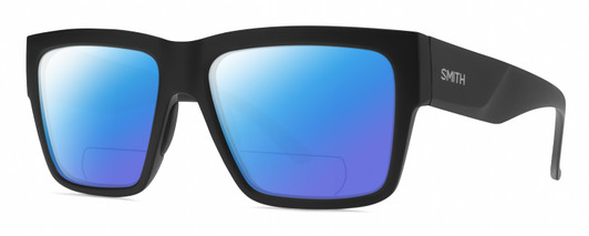 Profile View of Smith Optics Lineup Designer Polarized Reading Sunglasses with Custom Cut Powered Blue Mirror Lenses in Matte Black Unisex Square Full Rim Acetate 58 mm