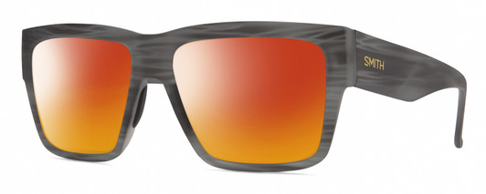 Profile View of Smith Optics Lineup Designer Polarized Sunglasses with Custom Cut Red Mirror Lenses in Matte Gray Horn Marble Stripe Unisex Square Full Rim Acetate 58 mm