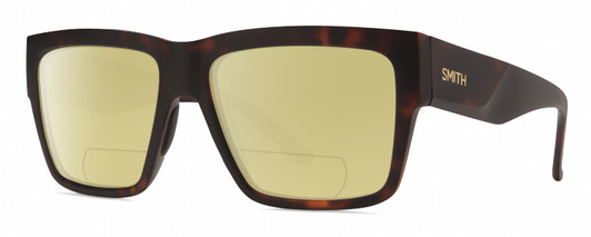 Profile View of Smith Optics Lineup Designer Polarized Reading Sunglasses with Custom Cut Powered Sun Flower Yellow Lenses in Matte Tortoise Havana Brown Gold Unisex Square Full Rim Acetate 58 mm