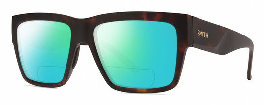 Profile View of Smith Optics Lineup Designer Polarized Reading Sunglasses with Custom Cut Powered Green Mirror Lenses in Matte Tortoise Havana Brown Gold Unisex Square Full Rim Acetate 58 mm