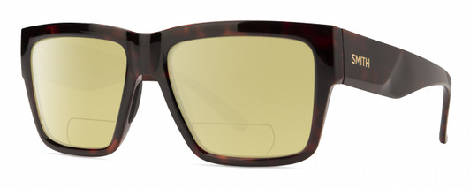 Profile View of Smith Optics Lineup Designer Polarized Reading Sunglasses with Custom Cut Powered Sun Flower Yellow Lenses in Tortoise Havana Brown Gold Unisex Square Full Rim Acetate 58 mm