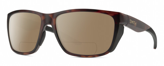 Profile View of Smith Optics Longfin Designer Polarized Reading Sunglasses with Custom Cut Powered Amber Brown Lenses in Matte Tortoise Havana Brown Gold Unisex Wrap Full Rim Acetate 59 mm