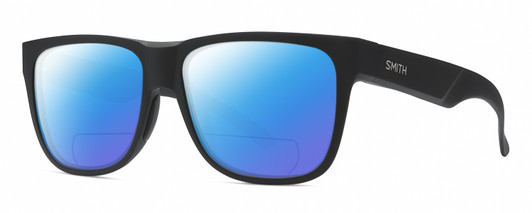 Profile View of Smith Optics Lowdown 2 Designer Polarized Reading Sunglasses with Custom Cut Powered Blue Mirror Lenses in Matte Black Unisex Classic Full Rim Acetate 55 mm