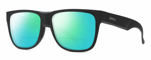 Profile View of Smith Optics Lowdown 2 Designer Polarized Reading Sunglasses with Custom Cut Powered Green Mirror Lenses in Matte Black Unisex Classic Full Rim Acetate 55 mm