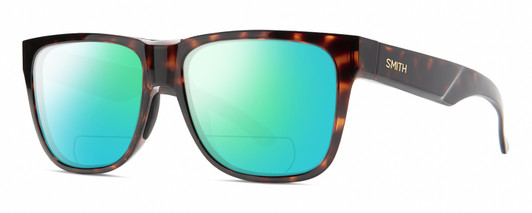 Profile View of Smith Optics Lowdown 2 Designer Polarized Reading Sunglasses with Custom Cut Powered Green Mirror Lenses in Tortoise Havana Brown Gold Unisex Classic Full Rim Acetate 55 mm
