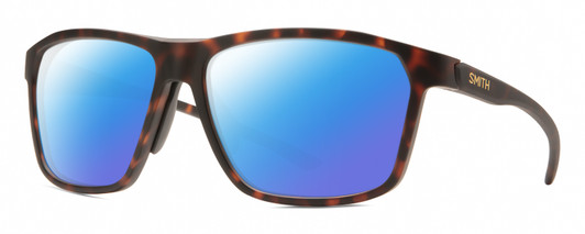 Profile View of Smith Optics Pinpoint Designer Polarized Sunglasses with Custom Cut Blue Mirror Lenses in Matte Tortoise Havana Brown Gold Unisex Square Full Rim Acetate 59 mm