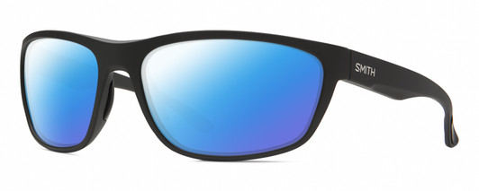 Profile View of Smith Optics Redding Designer Polarized Sunglasses with Custom Cut Blue Mirror Lenses in Matte Black Unisex Wrap Full Rim Acetate 65 mm