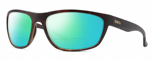 Profile View of Smith Optics Redding Designer Polarized Reading Sunglasses with Custom Cut Powered Green Mirror Lenses in Matte Tortoise Havana Brown Gold Unisex Wrap Full Rim Acetate 65 mm