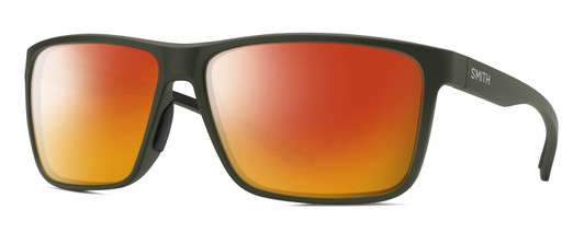 Profile View of Smith Optics Riptide Designer Polarized Sunglasses with Custom Cut Red Mirror Lenses in Matte Moss Green Unisex Rectangle Full Rim Acetate 61 mm