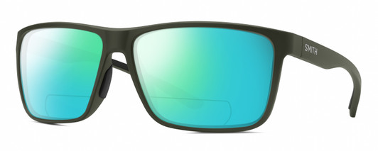 Profile View of Smith Optics Riptide Designer Polarized Reading Sunglasses with Custom Cut Powered Green Mirror Lenses in Matte Moss Green Unisex Rectangle Full Rim Acetate 61 mm