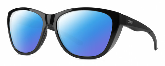 Profile View of Smith Optics Shoal Designer Polarized Sunglasses with Custom Cut Blue Mirror Lenses in Gloss Black Unisex Oval Full Rim Acetate 58 mm