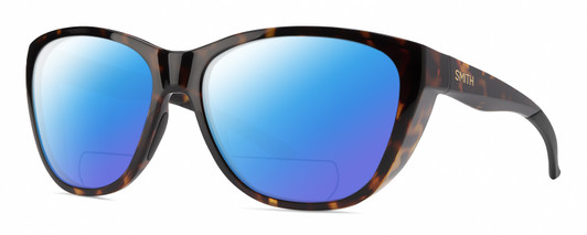 Profile View of Smith Optics Shoal Designer Polarized Reading Sunglasses with Custom Cut Powered Blue Mirror Lenses in Tortoise Havana Brown Gold Unisex Oval Full Rim Acetate 58 mm