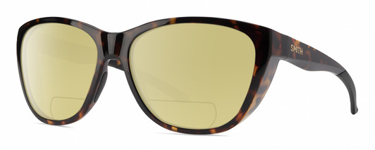 Profile View of Smith Optics Shoal Designer Polarized Reading Sunglasses with Custom Cut Powered Sun Flower Yellow Lenses in Tortoise Havana Brown Gold Unisex Oval Full Rim Acetate 58 mm