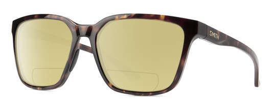 Profile View of Smith Optics Shoutout Designer Polarized Reading Sunglasses with Custom Cut Powered Sun Flower Yellow Lenses in Tortoise Havana Brown Gold Unisex Retro Full Rim Acetate 57 mm