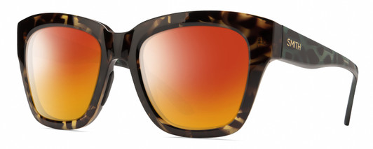 Profile View of Smith Optics Sway Designer Polarized Sunglasses with Custom Cut Red Mirror Lenses in Alpine Tortoise Havana Matte Brown Gold Ladies Cateye Full Rim Acetate 52 mm