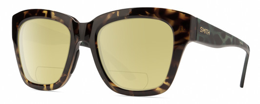 Profile View of Smith Optics Sway Designer Polarized Reading Sunglasses with Custom Cut Powered Sun Flower Yellow Lenses in Alpine Tortoise Havana Matte Brown Gold Ladies Cateye Full Rim Acetate 52 mm