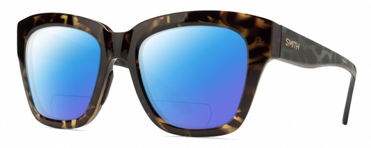 Profile View of Smith Optics Sway Designer Polarized Reading Sunglasses with Custom Cut Powered Blue Mirror Lenses in Alpine Tortoise Havana Matte Brown Gold Ladies Cateye Full Rim Acetate 52 mm