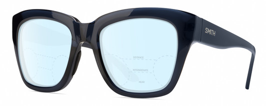 Profile View of Smith Optics Sway Designer Progressive Lens Blue Light Blocking Eyeglasses in French Navy Crystal Dark Blue Ladies Cateye Full Rim Acetate 52 mm