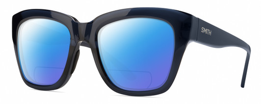 Profile View of Smith Optics Sway Designer Polarized Reading Sunglasses with Custom Cut Powered Blue Mirror Lenses in French Navy Crystal Dark Blue Ladies Cateye Full Rim Acetate 52 mm