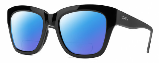 Profile View of Smith Optics Sway Designer Polarized Reading Sunglasses with Custom Cut Powered Blue Mirror Lenses in Gloss Black Ladies Cateye Full Rim Acetate 52 mm