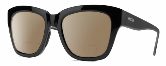 Profile View of Smith Optics Sway Designer Polarized Reading Sunglasses with Custom Cut Powered Amber Brown Lenses in Gloss Black Ladies Cateye Full Rim Acetate 52 mm