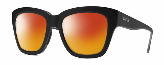Profile View of Smith Optics Sway Designer Polarized Sunglasses with Custom Cut Red Mirror Lenses in Matte Black Ladies Cateye Full Rim Acetate 52 mm