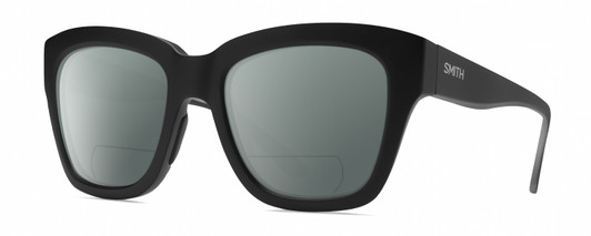Profile View of Smith Optics Sway Designer Polarized Reading Sunglasses with Custom Cut Powered Smoke Grey Lenses in Matte Black Ladies Cateye Full Rim Acetate 52 mm