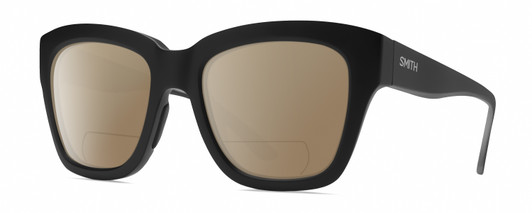 Profile View of Smith Optics Sway Designer Polarized Reading Sunglasses with Custom Cut Powered Amber Brown Lenses in Matte Black Ladies Cateye Full Rim Acetate 52 mm