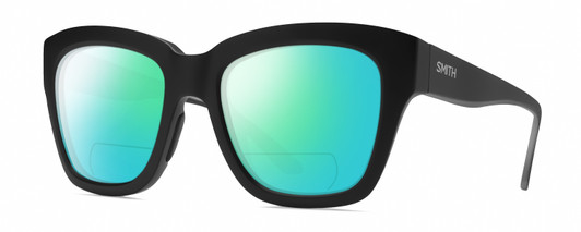 Profile View of Smith Optics Sway Designer Polarized Reading Sunglasses with Custom Cut Powered Green Mirror Lenses in Matte Black Ladies Cateye Full Rim Acetate 52 mm