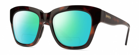 Profile View of Smith Optics Sway Designer Polarized Reading Sunglasses with Custom Cut Powered Green Mirror Lenses in Tortoise Havana Brown Gold Ladies Cateye Full Rim Acetate 52 mm