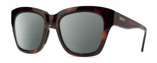Profile View of Smith Optics Sway Designer Polarized Reading Sunglasses with Custom Cut Powered Smoke Grey Lenses in Tortoise Havana Brown Gold Ladies Cateye Full Rim Acetate 52 mm