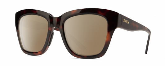 Profile View of Smith Optics Sway Designer Polarized Sunglasses with Custom Cut Amber Brown Lenses in Tortoise Havana Brown Gold Ladies Cateye Full Rim Acetate 52 mm