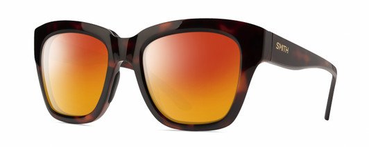Profile View of Smith Optics Sway Designer Polarized Sunglasses with Custom Cut Red Mirror Lenses in Tortoise Havana Brown Gold Ladies Cateye Full Rim Acetate 52 mm