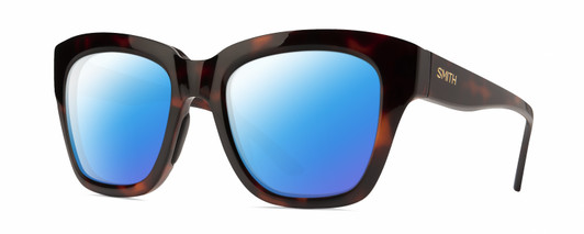 Profile View of Smith Optics Sway Designer Polarized Sunglasses with Custom Cut Blue Mirror Lenses in Tortoise Havana Brown Gold Ladies Cateye Full Rim Acetate 52 mm