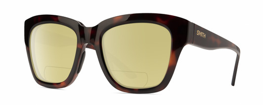 Profile View of Smith Optics Sway Designer Polarized Reading Sunglasses with Custom Cut Powered Sun Flower Yellow Lenses in Tortoise Havana Brown Gold Ladies Cateye Full Rim Acetate 52 mm
