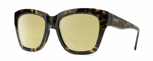 Profile View of Smith Optics Sway Designer Polarized Reading Sunglasses with Custom Cut Powered Sun Flower Yellow Lenses in Vintage Tortoise Havana Brown Gold Ladies Cateye Full Rim Acetate 52 mm
