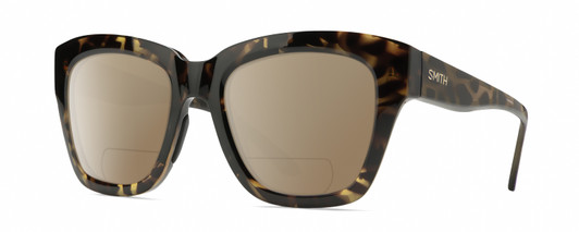 Profile View of Smith Optics Sway Designer Polarized Reading Sunglasses with Custom Cut Powered Amber Brown Lenses in Vintage Tortoise Havana Brown Gold Ladies Cateye Full Rim Acetate 52 mm