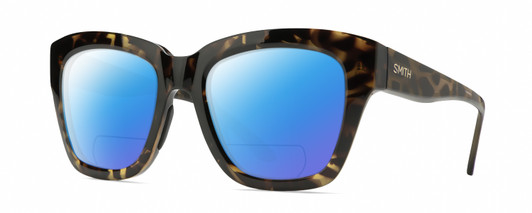 Profile View of Smith Optics Sway Designer Polarized Reading Sunglasses with Custom Cut Powered Blue Mirror Lenses in Vintage Tortoise Havana Brown Gold Ladies Cateye Full Rim Acetate 52 mm