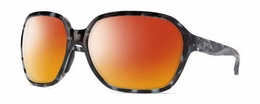 Profile View of Smith Optics Whitney Designer Polarized Sunglasses with Custom Cut Red Mirror Lenses in Sky Tortoise Havana Blue Black Marble Ladies Oversized Full Rim Acetate 61 mm