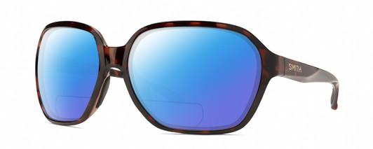 Profile View of Smith Optics Whitney Designer Polarized Reading Sunglasses with Custom Cut Powered Blue Mirror Lenses in Tortoise Havana Brown Gold Ladies Oversized Full Rim Acetate 61 mm