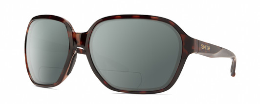 Profile View of Smith Optics Whitney Designer Polarized Reading Sunglasses with Custom Cut Powered Smoke Grey Lenses in Tortoise Havana Brown Gold Ladies Oversized Full Rim Acetate 61 mm