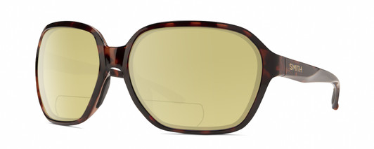Profile View of Smith Optics Whitney Designer Polarized Reading Sunglasses with Custom Cut Powered Sun Flower Yellow Lenses in Tortoise Havana Brown Gold Ladies Oversized Full Rim Acetate 61 mm