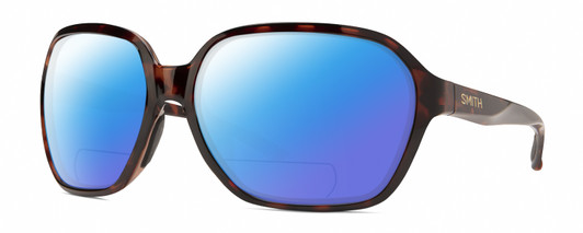Profile View of Smith Optics Whitney Designer Polarized Reading Sunglasses with Custom Cut Powered Blue Mirror Lenses in Tortoise Havana Brown Gold Ladies Oversized Full Rim Acetate 61 mm